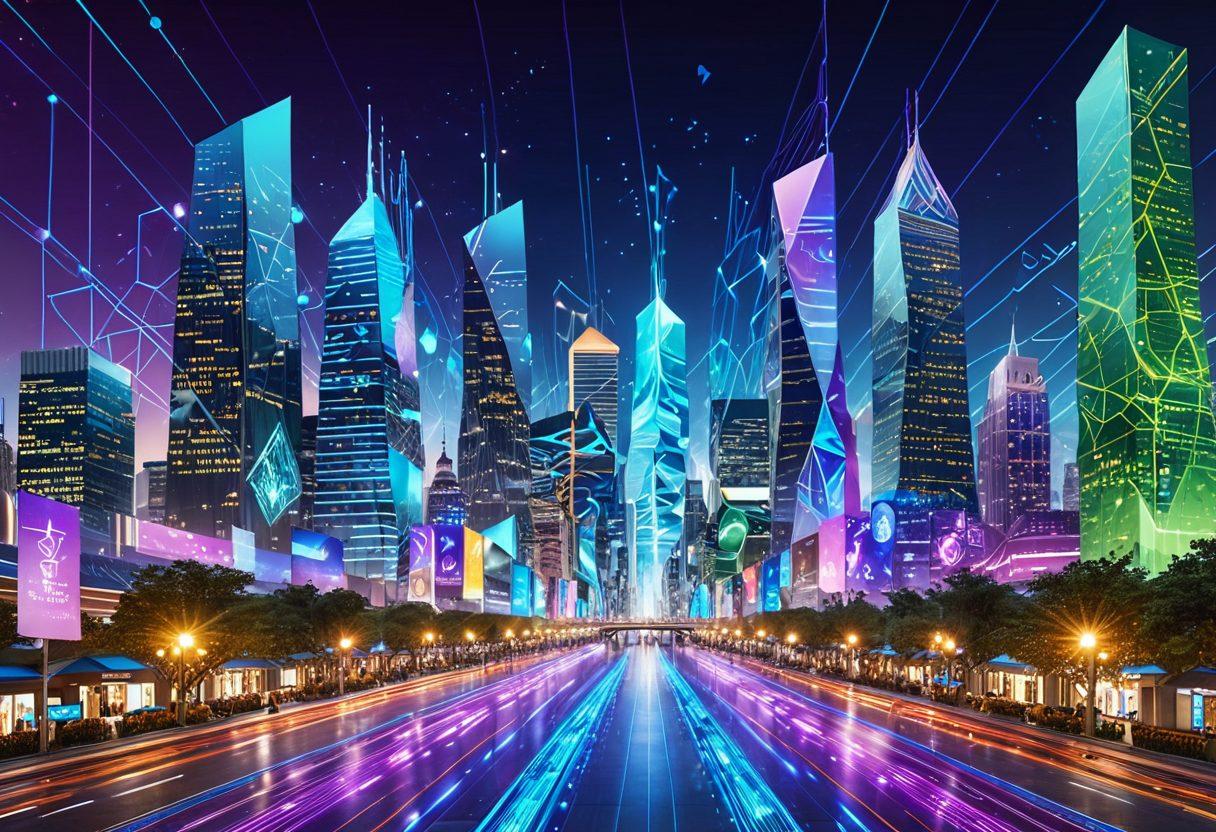 A futuristic digital landscape where skyscrapers made of code and data rise over an interconnected web of SEO symbols, e-commerce icons like shopping carts, and digital marketing elements. The background features a blend of vibrant colors depicting the endless possibilities of the digital world. 3D rendering. super-realistic. vibrant colors.