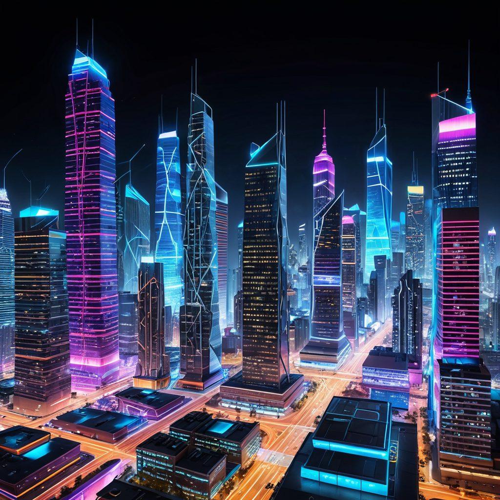 A futuristic cityscape with glowing neon lights, where interconnected digital lines weave through towering skyscrapers representing different aspects of online businesses like e-commerce, analytics, and security. Hovering holograms display website stats and user interactions, creating a mesh of vibrant tech elements. super-realistic. vibrant colors. 3D.