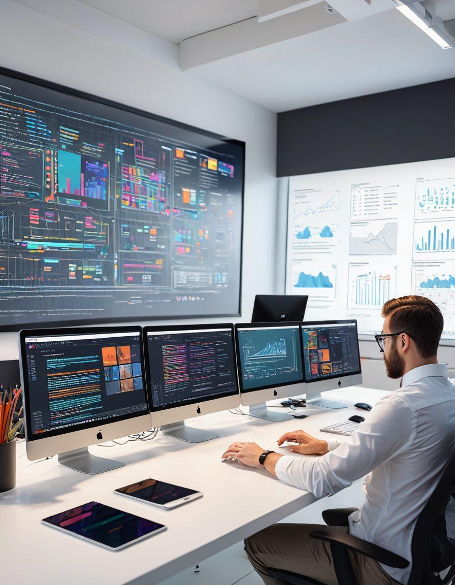 A modern, sleek workspace showcasing a team collaborating over web design and development, with code snippets, graphics, and website wireframes on screens. In the background, digital icons representing various web services float in the air. The image captures innovation, creativity, and technology's cutting-edge. super-realistic. vibrant colors. white background.